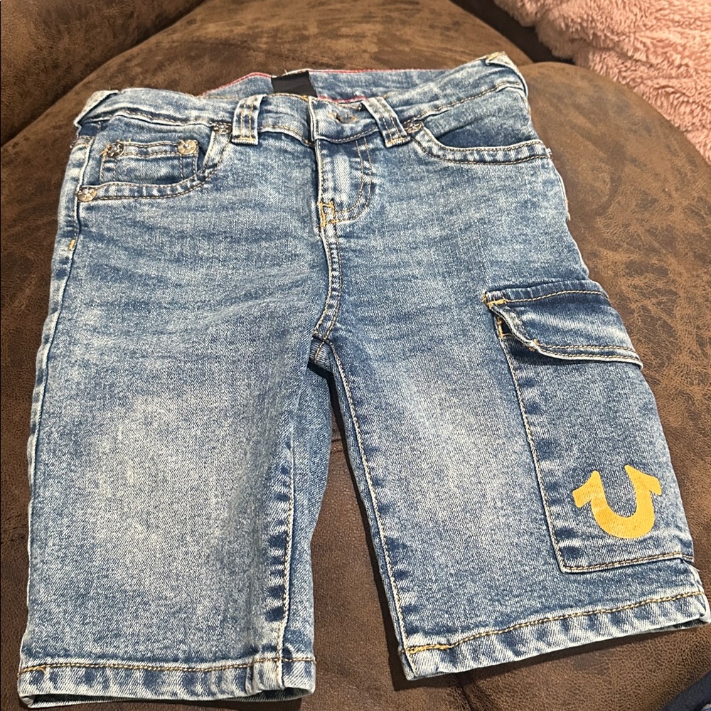 True Religion Blue Denim Shorts with Tan Stitching